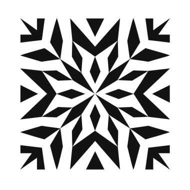 Bir kar tanesine benzeyen siyah ve beyaz bir desen bir kare içinde gösterilir. Geometrik tasarım yineleniyor ve simetrik.