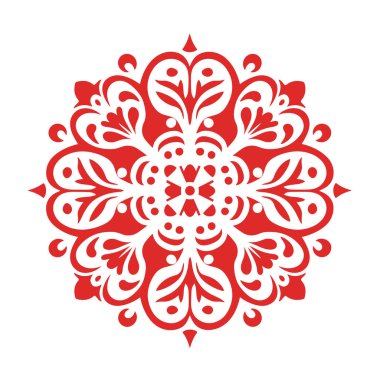 Bir kırmızı simetrik tasarım görüntülenir. Beyaz bir arkaplana karşı yuvarlak, mandala benzeri bir desen şeklinde dizilmiş çiçek ve geometrik şekillere sahiptir..