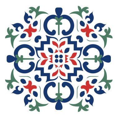 Simetrik çiçek düzeninde kırmızı, mavi ve yeşil elementler bulunur. Tasarım beyaz bir arkaplanda görünür ve bir fayans desenine benzer..