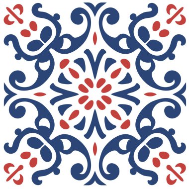 Süslü kare fayans simetrik bir çiçek deseni gösteriyor. Tasarım beyaz arkaplana karşı mavi kaydırma şekilleri ve kırmızı taç yaprak şekilleri kullanır.