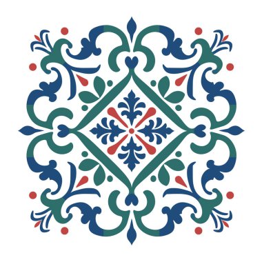 İpek kumaşlı biçimlendirilmiş kare tasarım. Beyaz arkaplan üzerinde mavi, mavi ve kırmızı renklerde çiçek ve yaprak şekilleri içerir..