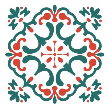 Simetrik desenlerde beyaz arkaplandaki küçük kırmızı aksanlı şekillerle zıt olarak, yeşil yapraklı parşömenler ve çiçek desenleri gösterilir..