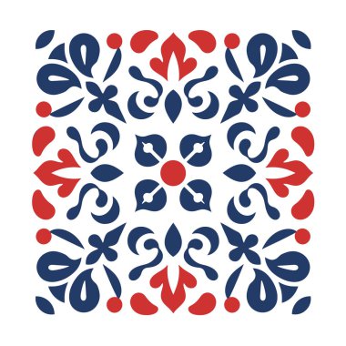 Kırmızı ve mavi renkli kıvrımlı, stilize çiçek elementleriyle simetrik bir desen beyaz arka plana göre ayarlanır.