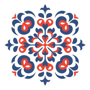 Kare şeklinde dekoratif tasarım. Beyaz arka planda kırmızı çiçeğe benzeyen desenler ve küçük mavi yaprak benzeri şekiller..