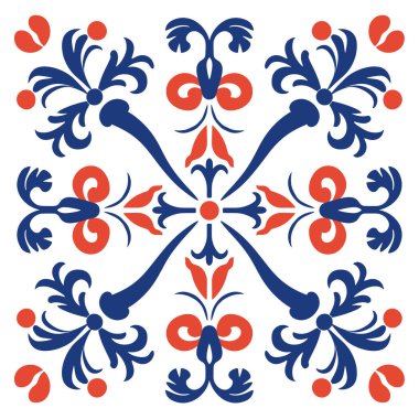 Beyaz arkaplanda mavi ve turuncu desenli çiçek deseni, kare desenli