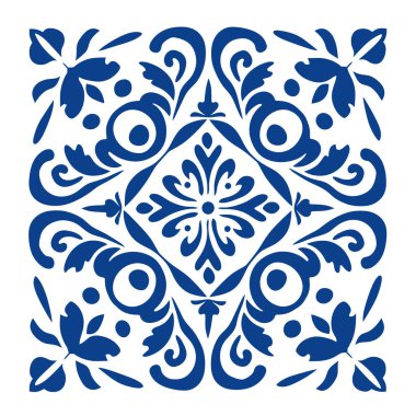 Çiçek desenli mavi ve beyaz kare fayanslar.