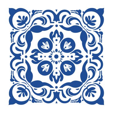 Mavi ve beyaz karo desenli, çiçek desenli simetrik.