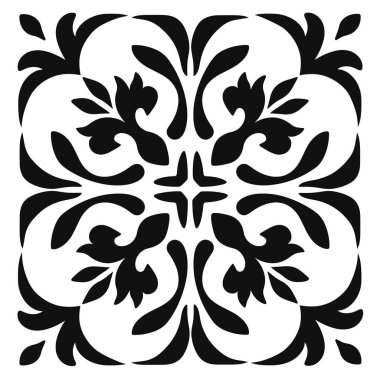 Kare fayans, karmaşık bir siyah-beyaz çiçek deseni sunar.