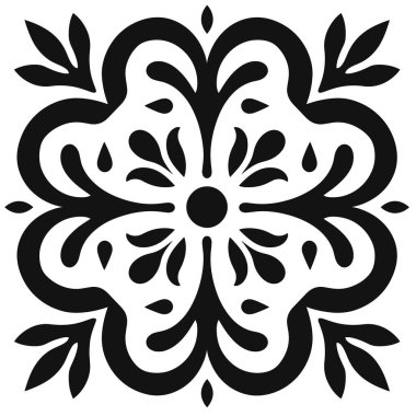 Simetrik şekilli zarif siyah-beyaz çiçek deseni.