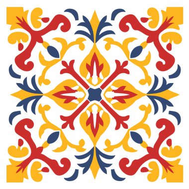 Beyaz arkaplanda kırmızı, sarı ve mavi renkli çiçek deseni