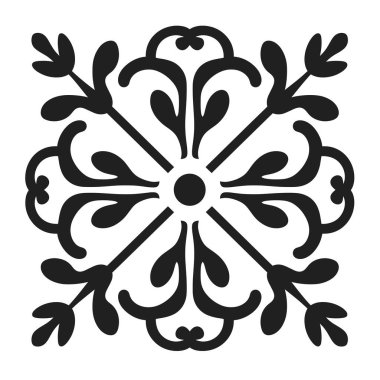 Merkezi çember ve yaprak elementleri ile siyah süslü kare tasarım