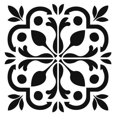 Siyah ve beyaz çiçek desenli simetrik desenli fayans.