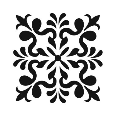 Siyah süslemeli simetrik desen beyaz arkaplanda kare bir tasarım oluşturur