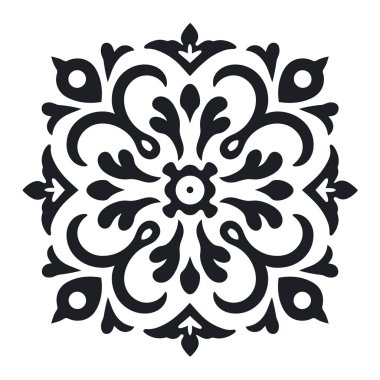 Beyaz arka planda çiçek elementleri olan siyah, karmaşık dekoratif tasarım.