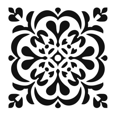 Siyah beyaz karmaşık simetrik süs tasarımı öne çıkıyor.