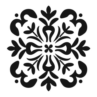 Beyaz arka planda simetrik kıvrımlı siyah çiçek deseni