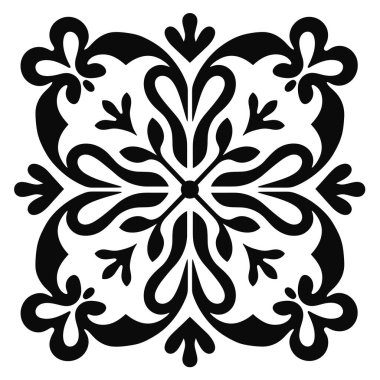 Siyah ve beyaz simetrik çiçek tasarımı botanik esinlenilmiş motifler içerir