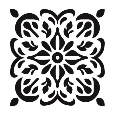 Fayans ya da şablon için siyah beyaz desenli dekoratif çiçek kare tasarımı