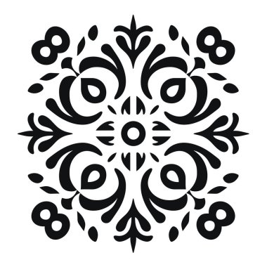 Siyah ve beyaz kıvrımlı elementlerle çiçek mandala deseni