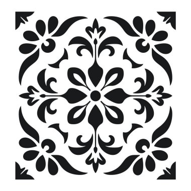 Beyaz arkaplanda siyah çiçek deseni dekoratif elementler içerir