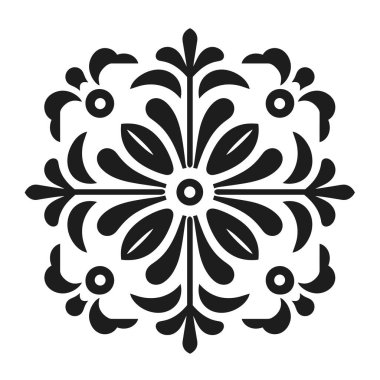 Beyaz arkaplanda siyah çiçek deseni, simetrik tasarım elementi