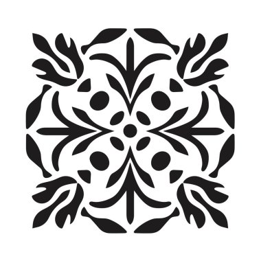 Siyah ve beyaz çiçekli desen simetrik kare bir dizayn oluşturuyor.