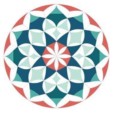 Deniz mavisi, deniz mavisi, mercan ve beyaz renklerde geometrik çiçek deseni