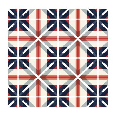 Geometrik ekose desenli kırmızı, beyaz ve mavi kareler ve çizgiler.