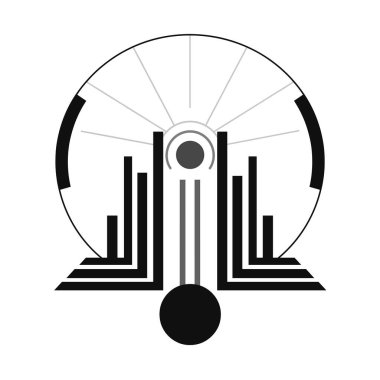 Çemberler, çizgiler ve siyah çubuklar içeren soyut geometrik tasarım