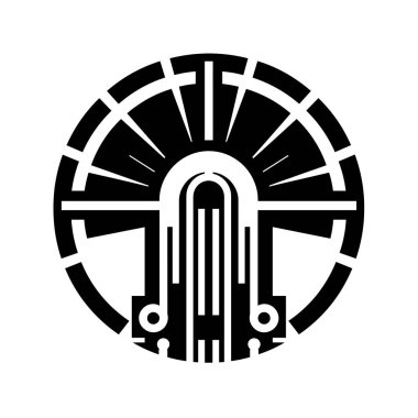 Işık saçan çizgileri olan bir binayı andıran siyah beyaz bir sembol.