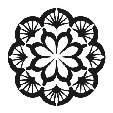 Çiçek ve radyal desenli siyah ve beyaz geometrik mandala tasarımı