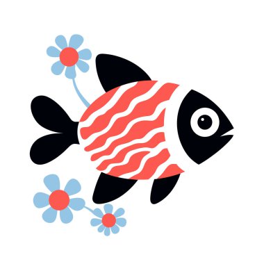 Biçimlendirilmiş balıklar beyaz arkaplanda çiçeklerle yüzer