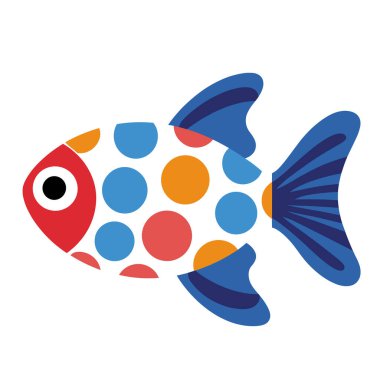 Kırmızı başlı ve mavi yüzgeçli renkli benekli balık çizimi