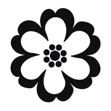 Siyah ve beyaz, çiçek desenli, taç yapraklı ve merkezli.