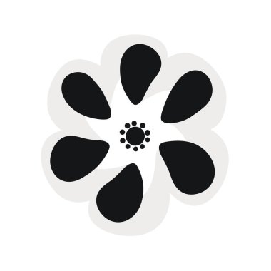 Siyah ve beyaz çiçeğin altı yuvarlak taç yaprakları ve dairesel bir merkezi vardır.