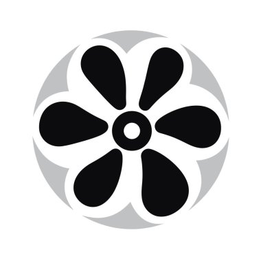 Gri dairenin içinde altı taç yaprağı olan siyah ve beyaz çiçek deseni.