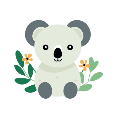 Beyaz arka planda yeşil yaprakları ve çiçekleri olan sevimli koala.