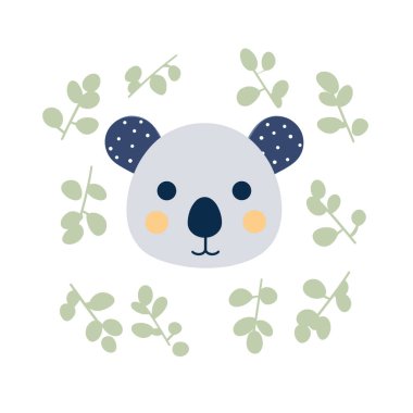 Okaliptüslü Şirin Koala Beyaz Arkaplanda Yapraklar