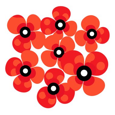 Beyaz arka planda siyah beyaz merkezli bir grup stilize kırmızı çiçek