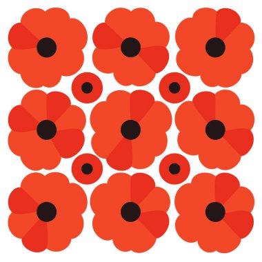 Beyaz arka planda siyah merkezli stilize kırmızı gelincik çiçekleri deseni