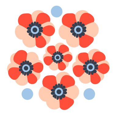 Beyaz arkaplanda mavi noktalı çiçeklerin stilize düzenlenmesi