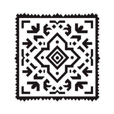 Geometrik siyah beyaz desen kare şeklinde bir halı tasarımı çizimi oluşturur