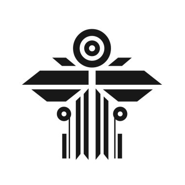 Soyut siyah tasarım bir daire, yatay çubuklar, dikey çizgiler ve ilginç bir geometrik desen oluşturan küçük daireler içerir..