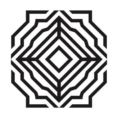 Bu geometrik bir tasarım, siyah çizgiler ortasında bir kare, dışında da bir sekizgen şekil oluşturur..