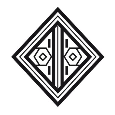 Bu sanat eseri elmas şekilli dış kenarlar, iç altıgenler, dikdörtgenler ve beyaz arkaplanda simetrik çizgiler içerir..