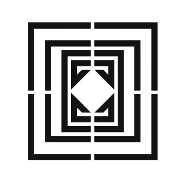 Bir dizi siyah, kısmen bağlantılı kareler birbiri içine yerleşmiş, ortada beyaz bir arkaplana karşı bir elmasa öncülük ediyorlar..