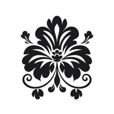 Zarif bir şatafatlı tasarım simetrik bir damaske deseni gösterir. Tasarım siyah ve beyaz arka planda duruyor..