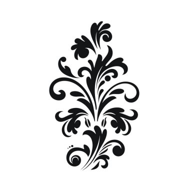 Süslü girdapları ve yaprak benzeri şekilleri olan zarif bir siyah çiçek tasarımı temiz beyaz bir arkaplanda izole edilir. Dekorasyon için uygun tasarım.