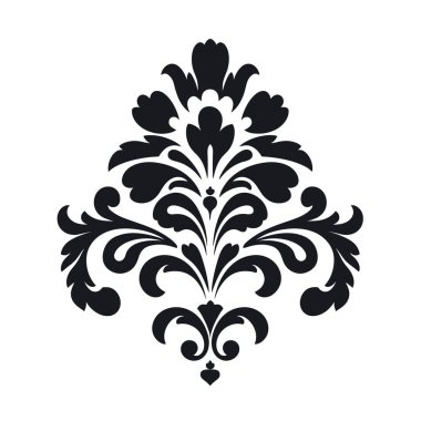 Simetrik tasarım beyaz arkaplanda siyah bir damaske deseni gösterir, parşömenleri, yaprakları ve kalp şeklinde aksanları vardır..