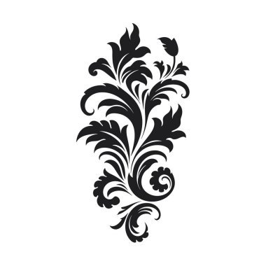 Dekoratif bir çiçek elementi yukarı doğru kıvrılır. Siyah, akan yapraklar katı beyaz arka planda girdap oluşturur..